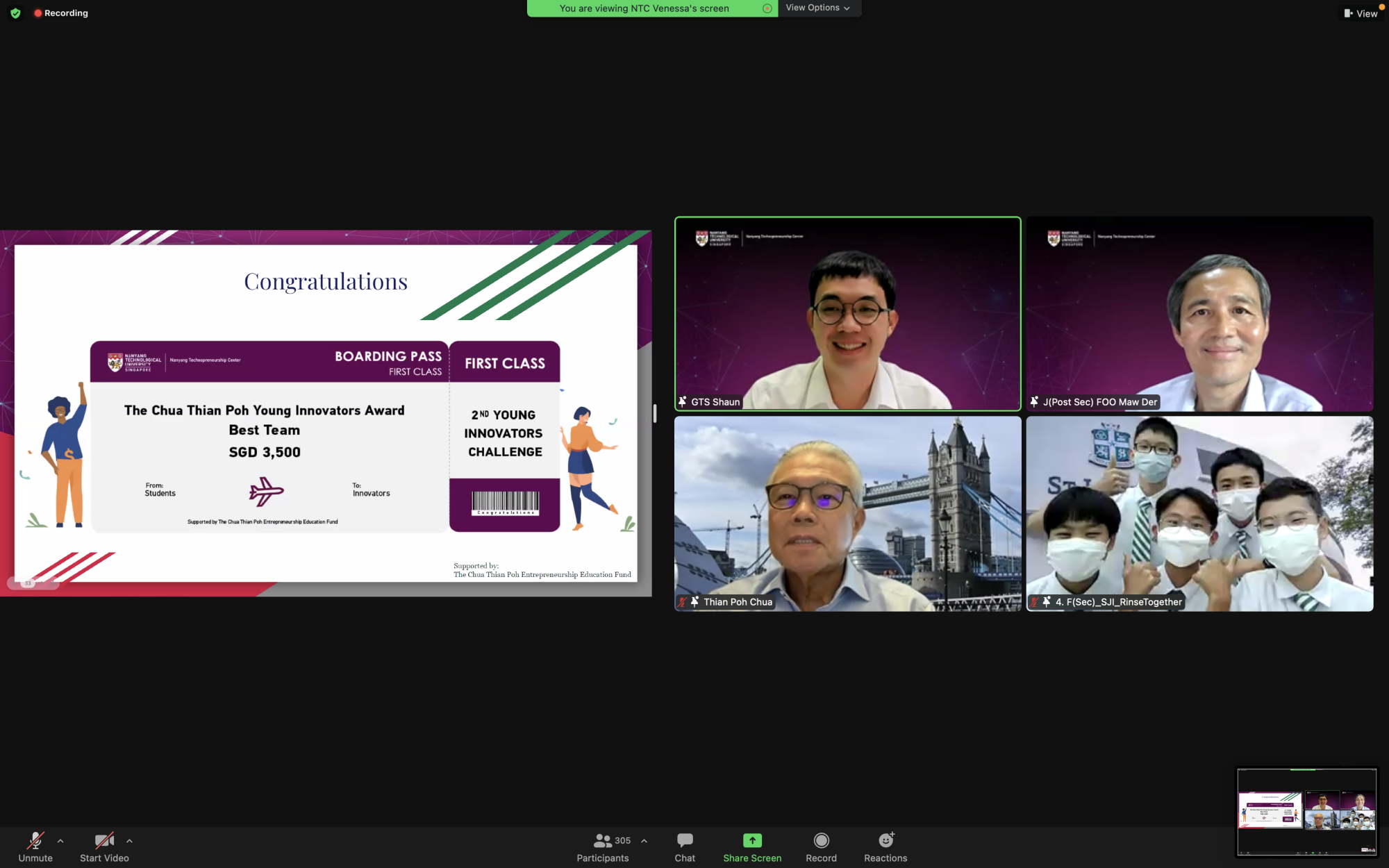 Zoom call showing a congratulations slide for Young Innovators Award Best Team alongside four participant video feeds.